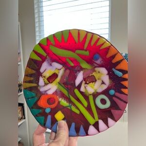 -Pink Flowers On Scarlet  Glass  7.5” Bowl Original Design Handmade